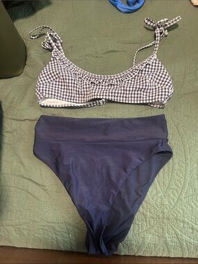 aerie Navy High-Waist Bikini Bottom with Navy Gingham Ruffle Bikini Top